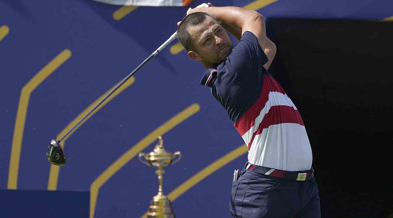 Xander Schauffele plays off the 1st tee during his singles match at the 2023 Ryder Cup in Italy.